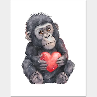 Valentine Mountain Gorilla Holding Heart Posters and Art